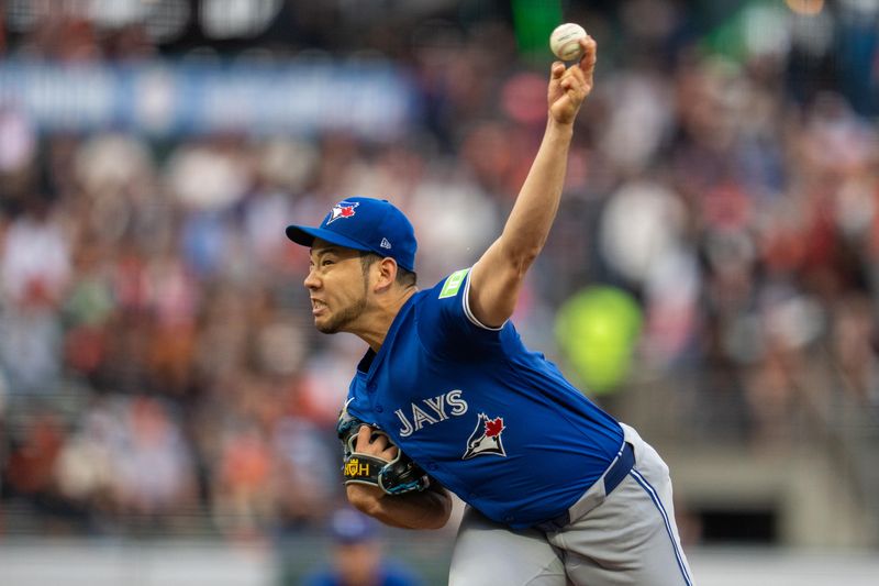 Jul 9, 2024; San Francisco, California, USA;  Toronto Blue Jays starting pitcher Yusei Kikuchi (16) delivers a pitch against the San Francisco Giants during the first inning at Oracle Park. Mandatory Credit: Neville E. Guard-USA TODAY Sports