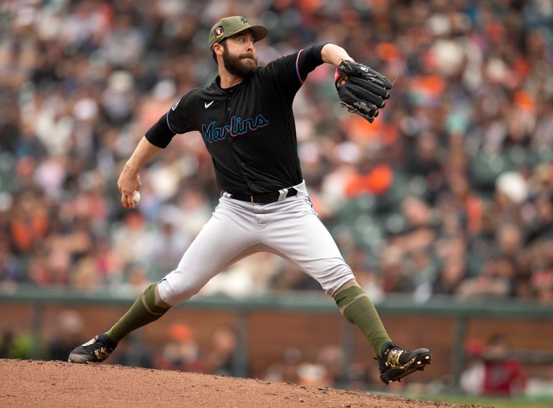 May 20, 2023; San Francisco, California, USA; Miami Marlins pitcher Dylan Floro (36) delivers a pitch against the Miami Marlins during the ninth inning at Oracle Park. Mandatory Credit: D. Ross Cameron-USA TODAY Sports