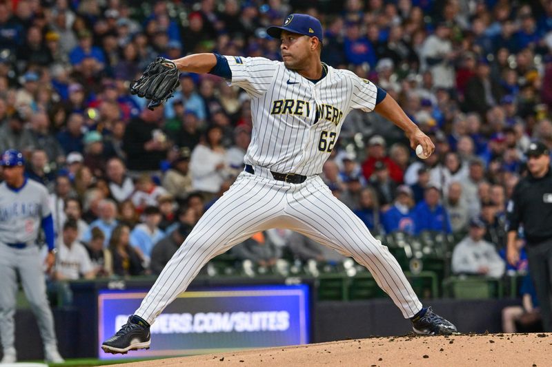 May 3, 2025; Milwaukee, Wisconsin, USA;  Milwaukee Brewers starting pitcher Jose Quintana (62) throws a pitch in the first inning against the Chicago Cubs at American Family Field. Mandatory Credit: Benny Sieu-Imagn Images
