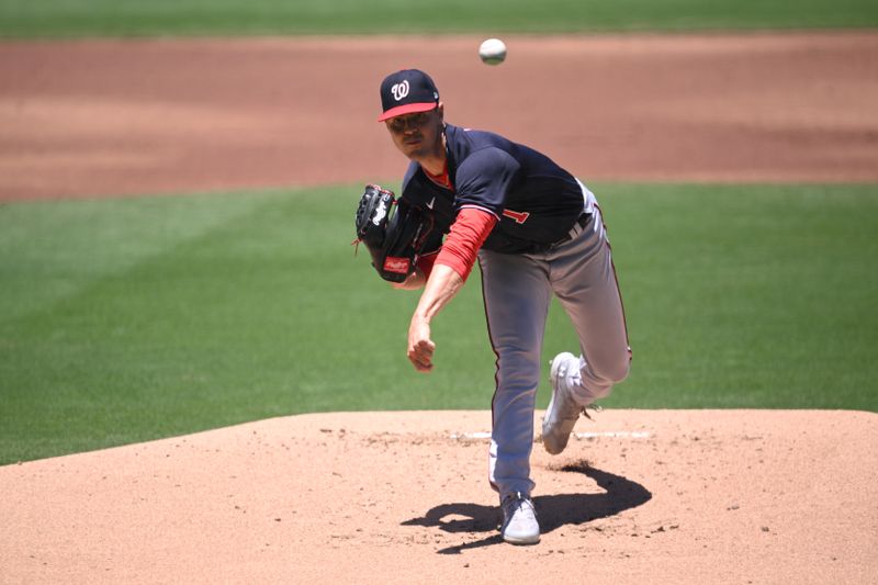 Jun 25, 2023; San Diego, California, USA; Washington Nationals starting pitcher MacKenzie Gore (1) throws a pitch against the San Diego Padres during the first inning at Petco Park. Mandatory Credit: Orlando Ramirez-USA TODAY Sports