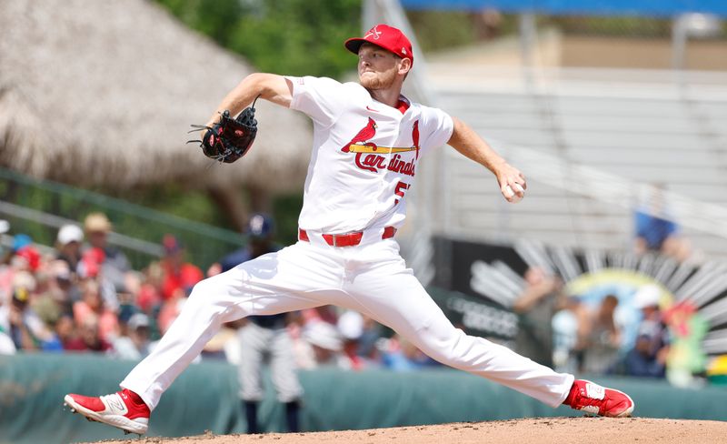 Mar 21, 2024; Jupiter, Florida, USA; St. Louis Cardinals starting pitcher Zack Thompson (57) pitches against the Houston Astros in the second inning at Roger Dean Chevrolet Stadium. Mandatory Credit: Rhona Wise-USA TODAY Sports