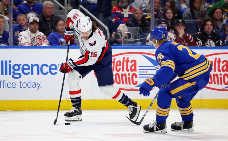 Apr 11, 2024; Buffalo, New York, USA;  Washington Capitals left wing Sonny Milano (15) skates with the puck as Buffalo Sabres defenseman Rasmus Dahlin (26) defends during the third period at KeyBank Center. Mandatory Credit: Timothy T. Ludwig-USA TODAY Sports