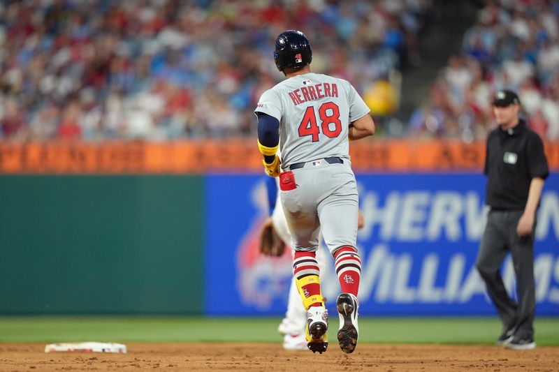 May 12, 2025; Philadelphia, Pennsylvania, USA; St. Louis Cardinals catcher Ivan Herrera (48) rounds the bases after hitting a home run against the Philadelphia Phillies in the sixth inning at Citizens Bank Park. Mandatory Credit: Kyle Ross-Imagn Images
