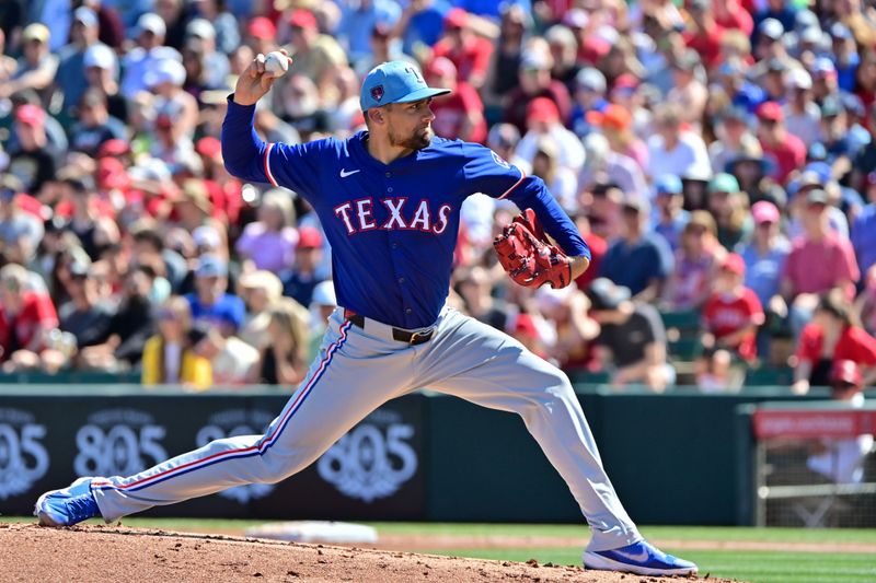 Mar 11, 2024; Tempe, Arizona, USA;  Texas Rangers starting pitcher Nathan Eovaldi (17) throws in the first inning against the Los Angeles Angels during a spring training game at Tempe Diablo Stadium. Mandatory Credit: Matt Kartozian-USA TODAY Sports