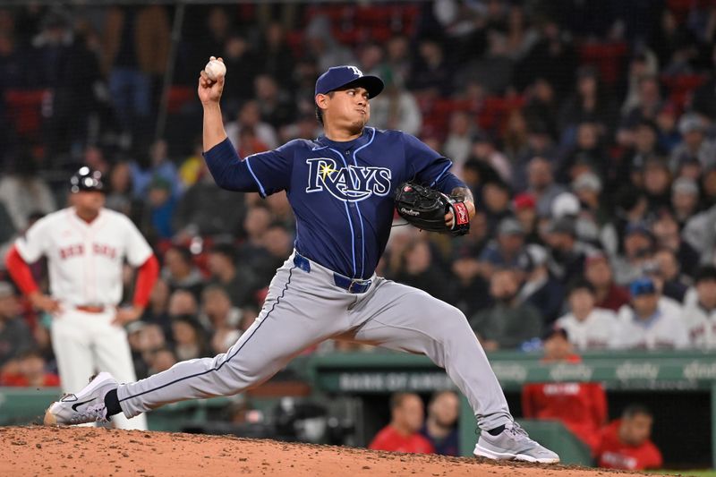 May 16, 2024; Boston, Massachusetts, USA;  Tampa Bay Rays pitcher Manuel Rodriguez (39) pitches against the Boston Red Sox during the eighth inning at Fenway Park. Mandatory Credit: Eric Canha-USA TODAY Sports