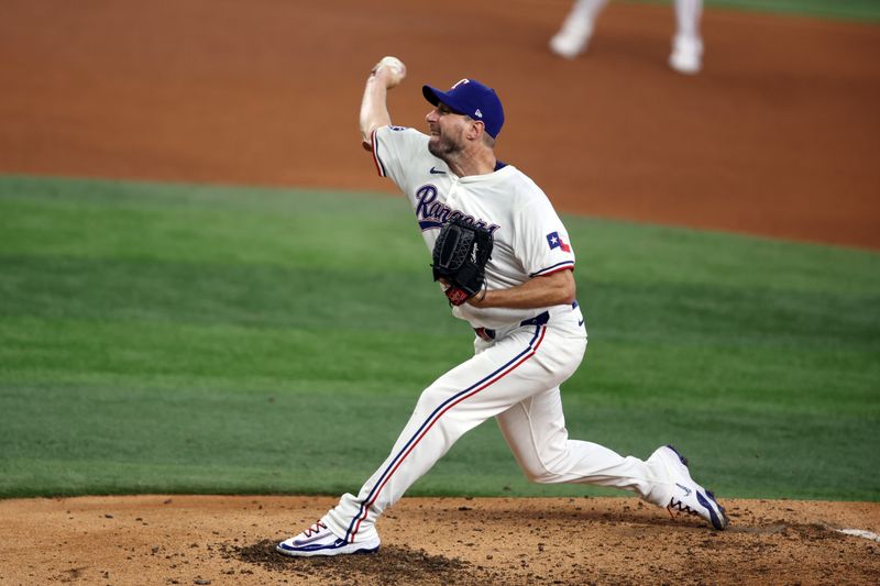 Jul 25, 2024; Arlington, Texas, USA; Texas Rangers pitcher Max Scherzer (31) pitches in the sixth inning against the Chicago White Sox at Globe Life Field. Mandatory Credit: Tim Heitman-USA TODAY Sports