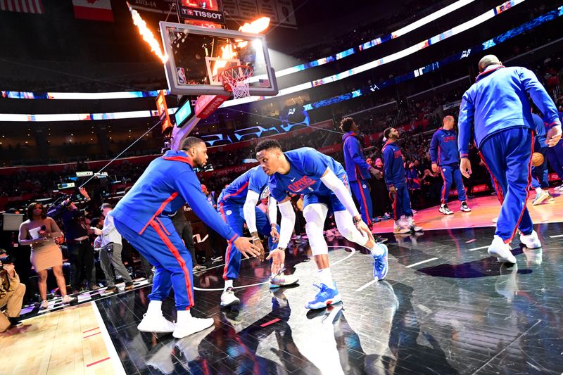 LOS ANGELES, CA - MARCH 27: Russell Westbrook  #0 of the LA Clippers walks on to the court prior to the game against the Chicago Bulls on March 27, 2023 at Crypto.Com Arena in Los Angeles, California. NOTE TO USER: User expressly acknowledges and agrees that, by downloading and/or using this Photograph, user is consenting to the terms and conditions of the Getty Images License Agreement. Mandatory Copyright Notice: Copyright 2023 NBAE (Photo by Adam Pantozzi/NBAE via Getty Images)