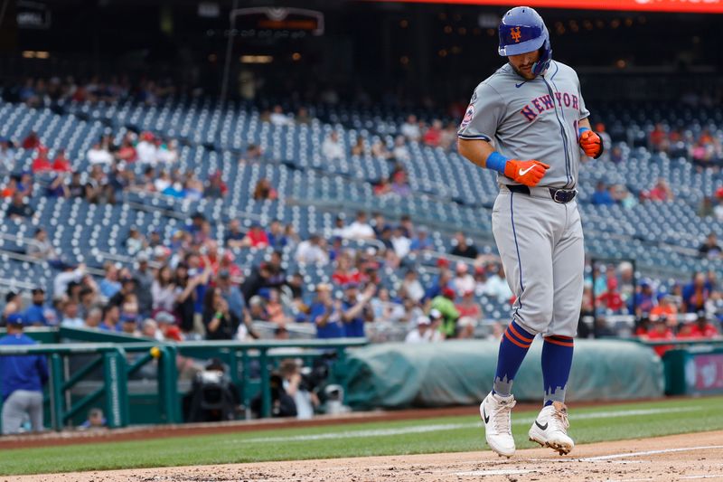 Jun 5, 2024; Washington, District of Columbia, USA; New York Mets catcher Luis Torrens (13) celebrates while crossing home plate after hitting a solo home run against the Washington Nationals during the third inning at Nationals Park. Mandatory Credit: Geoff Burke-USA TODAY Sports