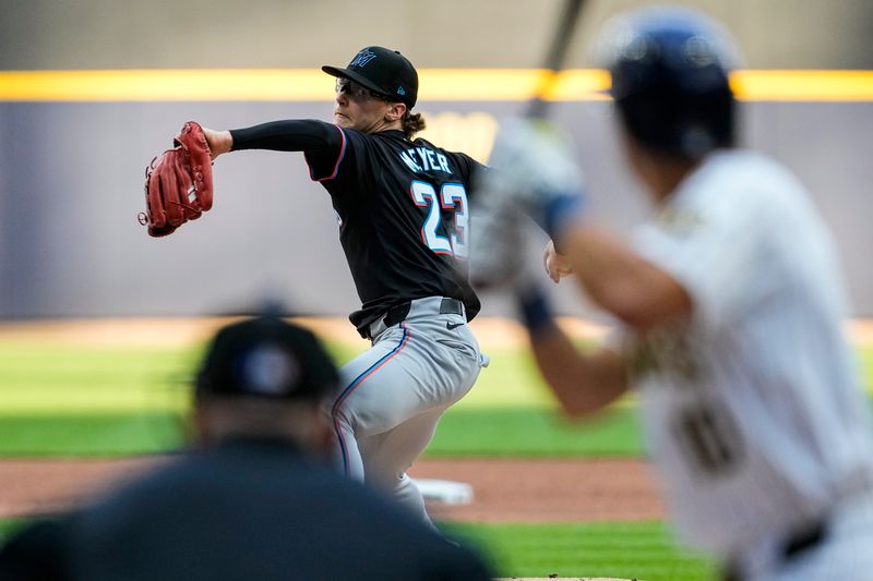 Jul 27, 2024; Milwaukee, Wisconsin, USA;  Miami Marlins pitcher Max Meyer (23) throws a pitch during the first inning against the Milwaukee Brewers at American Family Field. Mandatory Credit: Jeff Hanisch-USA TODAY Sports