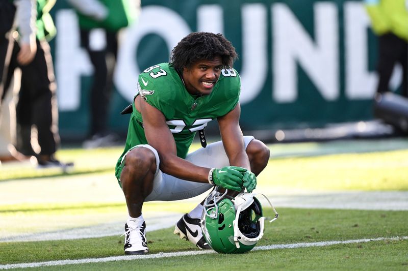 Philadelphia Eagles wide receiver Jahan Dotson (83) stretches during pre-game warm-ups before an NFL football game against the Jacksonville Jaguars, Sunday, Nov. 3, 2024, in Philadelphia. (AP Photo/Terrance Williams)