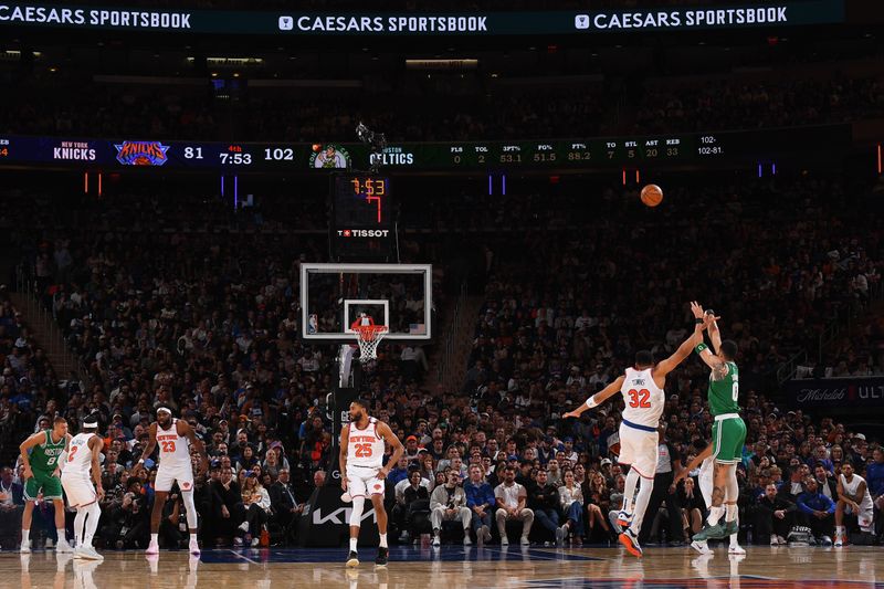 NEW YORK, NY - MAY 10:  Jayson Tatum #0 of the Boston Celtics shoots a three point basket during the game against the New York Knicks during Round Two Game Three of the 2025 NBA Playoffs on May 10, 2025 at Madison Square Garden in New York City, New York.  NOTE TO USER: User expressly acknowledges and agrees that, by downloading and or using this photograph, User is consenting to the terms and conditions of the Getty Images License Agreement. Mandatory Copyright Notice: Copyright 2025 NBAE  (Photo by Brian Babineau/NBAE via Getty Images)