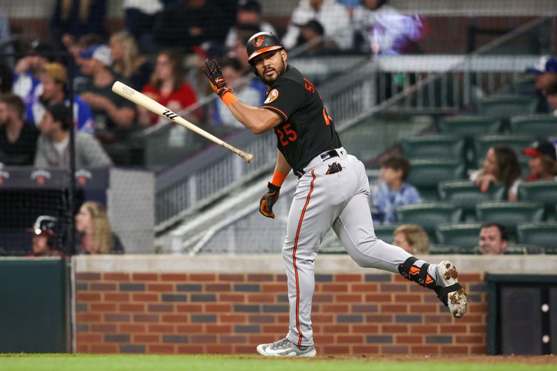 May 5, 2023; Atlanta, Georgia, USA; Baltimore Orioles right fielder Anthony Santander (25) celebrates after a grand slam against the Atlanta Braves in the seventh inning at Truist Park. Mandatory Credit: Brett Davis-USA TODAY Sports
