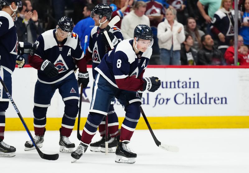 Mar 4, 2024; Denver, Colorado, USA; Colorado Avalanche defenseman Cale Makar (8) following his goal scored in the second period against the Chicago Blackhawks at Ball Arena. Mandatory Credit: Ron Chenoy-USA TODAY Sports