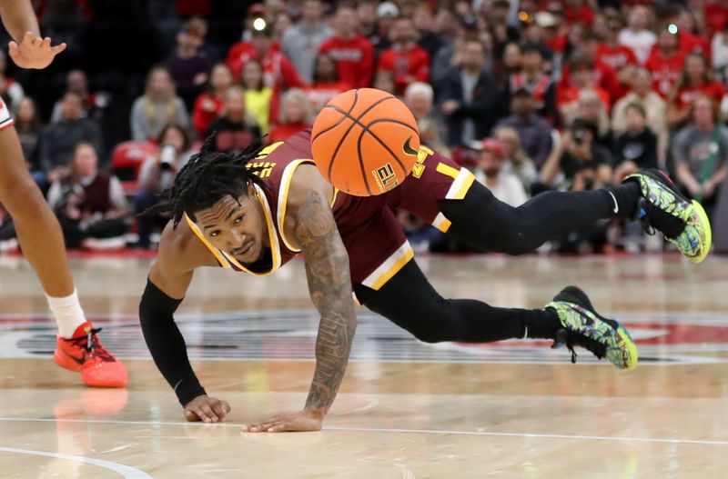 Dec 3, 2023; Columbus, Ohio, USA;  Minnesota Golden Gophers guard Elijah Hawkins (0) loses the ball as Ohio State Buckeyes guard Roddy Gayle Jr. (1) defends during the first half at Value City Arena. Mandatory Credit: Joseph Maiorana-USA TODAY Sports