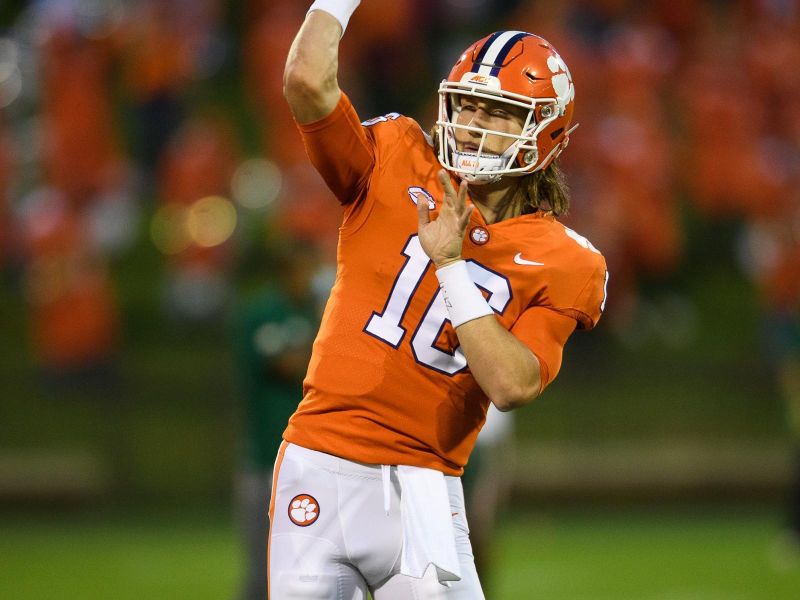 Oct 10, 2020; Clemson, South Carolina, USA; Clemson Tigers quarterback Trevor Lawrence (16) warms up before a game against the Miami Hurricanes at Memorial Stadium. Mandatory Credit: Ken Ruinard-USA TODAY Sports