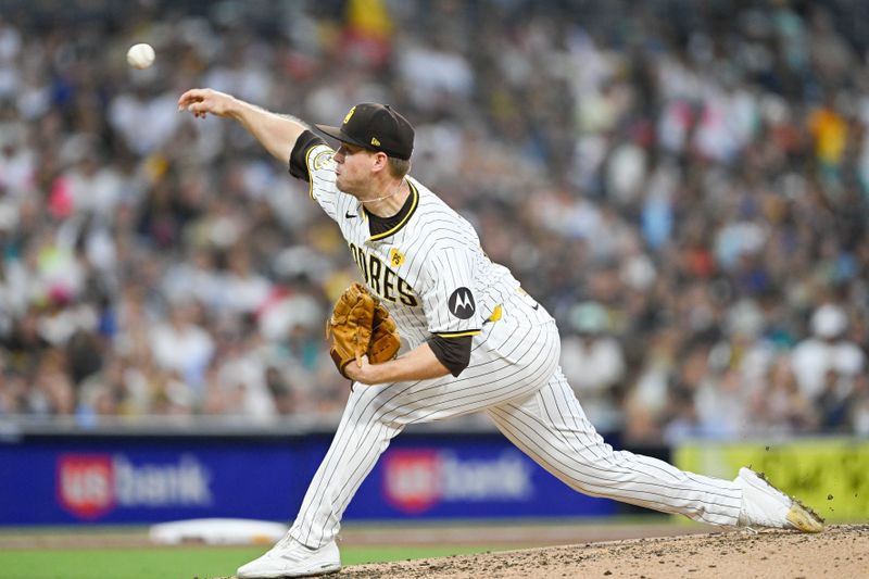 Jun 9, 2024; San Diego, California, USA; San Diego Padres relief pitcher Stephen Kolek (32) pitches during the fifth inning against the Seattle Mariners at Petco Park. Mandatory Credit: Denis Poroy-USA TODAY Sports at Petco Park. 