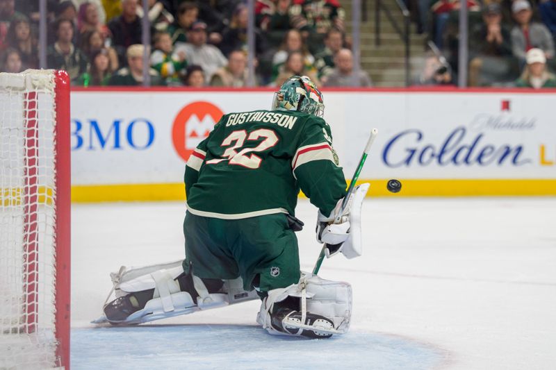 Dec 23, 2025; Saint Paul, Minnesota, USA; Minnesota Wild goaltender Filip Gustavsson (32) makes a save on a Nashville Predators shot in the third period at Grand Casino Arena. Mandatory Credit: Matt Blewett-Imagn Images