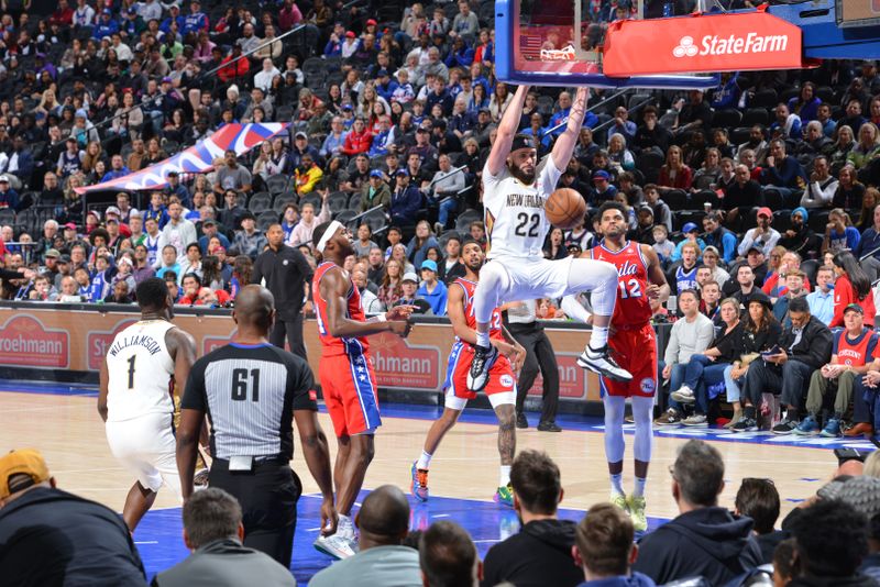 PHILADELPHIA, PA - MARCH 8: Larry Nance Jr. #22 of the New Orleans Pelicans dunks the ball during the game against the Philadelphia 76ers on March 8, 2024 at the Wells Fargo Center in Philadelphia, Pennsylvania NOTE TO USER: User expressly acknowledges and agrees that, by downloading and/or using this Photograph, user is consenting to the terms and conditions of the Getty Images License Agreement. Mandatory Copyright Notice: Copyright 2024 NBAE (Photo by Jesse D. Garrabrant/NBAE via Getty Images)