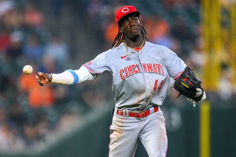 Jun 28, 2023; Baltimore, Maryland, USA; Cincinnati Reds shortstop Elly De La Cruz (44) throws to first base during the fourth inning against the Baltimore Orioles at Oriole Park at Camden Yards. Mandatory Credit: Reggie Hildred-USA TODAY Sports