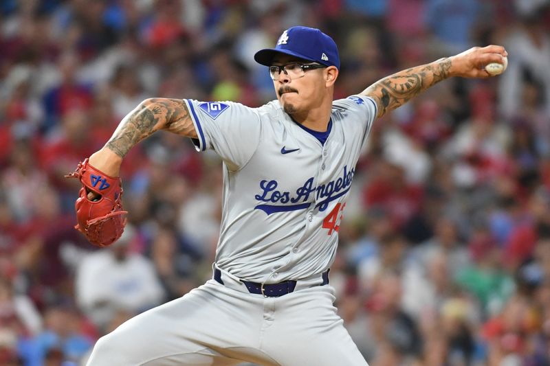 Jul 10, 2024; Philadelphia, Pennsylvania, USA; Los Angeles Dodgers pitcher Anthony Banda (43) throws a pitch during the fifth inning against the Philadelphia Phillies at Citizens Bank Park. Mandatory Credit: Eric Hartline-USA TODAY Sports