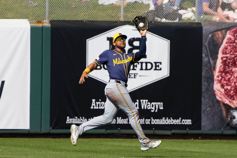 Mar 5, 2024; Scottsdale, Arizona, USA; Milwaukee Brewers right fielder Blake Perkins (16) makes the running catch for an out against the San Francisco Giants in the first inning at Scottsdale Stadium. Mandatory Credit: Rick Scuteri-USA TODAY Sports