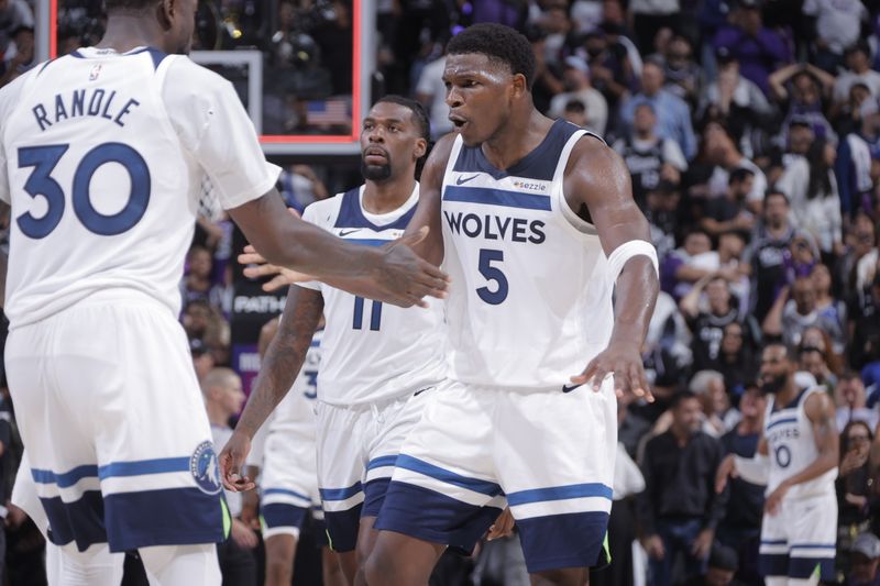 SACRAMENTO, CA - OCTOBER 24: Anthony Edwards #5 of the Minnesota Timberwolves celebrates during the game against the Sacramento Kings on October 24, 2024 at Golden 1 Center in Sacramento, California. NOTE TO USER: User expressly acknowledges and agrees that, by downloading and or using this Photograph, user is consenting to the terms and conditions of the Getty Images License Agreement. Mandatory Copyright Notice: Copyright 2024 NBAE (Photo by Rocky Widner/NBAE via Getty Images)