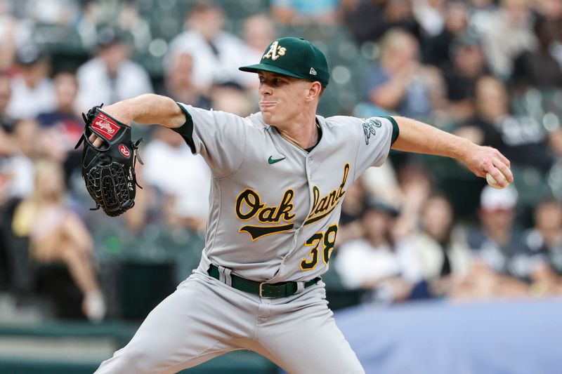 Aug 26, 2023; Chicago, Illinois, USA; Oakland Athletics starting pitcher JP Sears (38) delivers a pitch against the Chicago White Sox during the first inning at Guaranteed Rate Field. Mandatory Credit: Kamil Krzaczynski-USA TODAY Sports