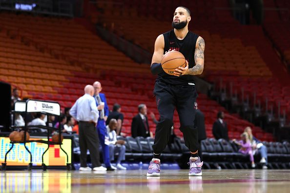 MIAMI, FLORIDA - NOVEMBER 30: Caleb Martin #16 of the Miami Heat warms up prior to a game against the Indiana Pacers at Kaseya Center on November 30, 2023 in Miami, Florida. NOTE TO USER: User expressly acknowledges and agrees that, by downloading and or using this photograph, User is consenting to the terms and conditions of the Getty Images License Agreement. (Photo by Megan Briggs/Getty Images)