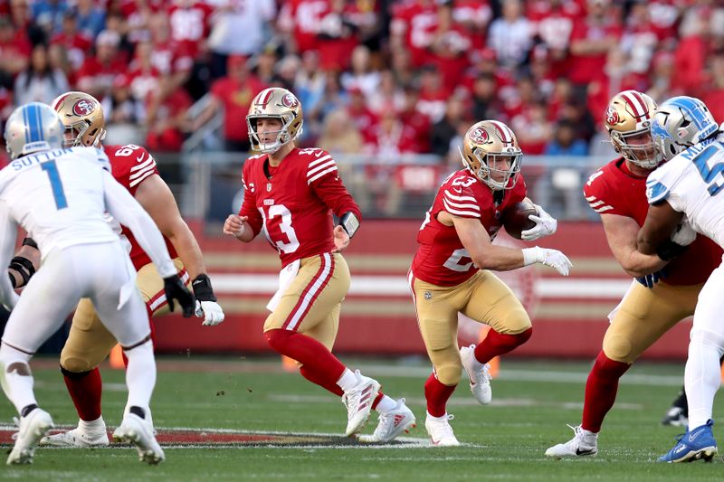 San Francisco 49ers running back Christian McCaffrey (23) runs during the NFC Championship NFL football game against the Detroit Lions in Santa Clara, Calif., Sunday, Jan. 28, 2024. (AP Photo/Scot Tucker)