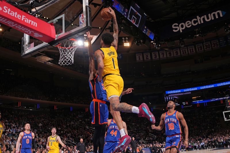 NEW YORK, NY - FEBRUARY 10: Obi Toppin #1 of the Indiana Pacers drives to the basket during the game against the New York Knicks on February 10, 2024 at Madison Square Garden in New York City, New York.  NOTE TO USER: User expressly acknowledges and agrees that, by downloading and or using this photograph, User is consenting to the terms and conditions of the Getty Images License Agreement. Mandatory Copyright Notice: Copyright 2024 NBAE  (Photo by Jesse D. Garrabrant/NBAE via Getty Images)