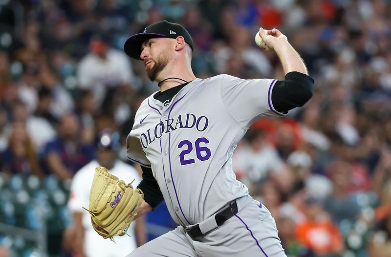 Jun 25, 2024; Houston, Texas, USA; Colorado Rockies starting pitcher Austin Gomber (26) pitches against the Houston Astros in the first inning at Minute Maid Park. Mandatory Credit: Thomas Shea-USA TODAY Sports
