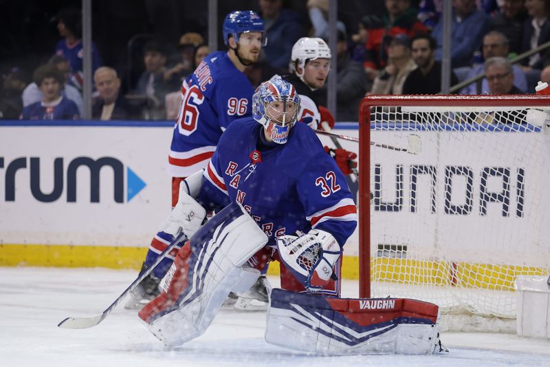 Mar 11, 2024; New York, New York, USA; New York Rangers goaltender Jonathan Quick (32) tends net against the New Jersey Devils during the second period at Madison Square Garden. Mandatory Credit: Brad Penner-USA TODAY Sports