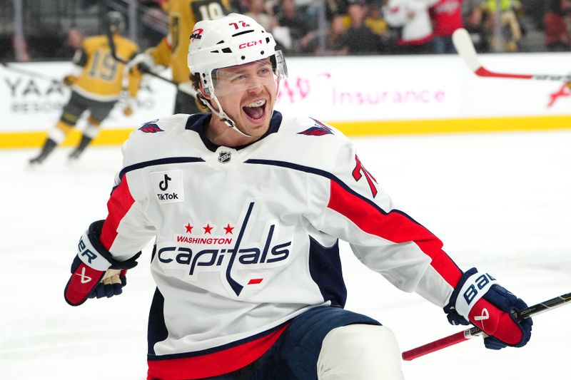 Mar 28, 2026; Las Vegas, Nevada, USA; Washington Capitals right wing Anthony Beauvillier (72) celebrates after scoring a goal against the Vegas Golden Knights during the second period at T-Mobile Arena. Mandatory Credit: Stephen R. Sylvanie-Imagn Images Mar 28, 2026; Las Vegas, Nevada, USA; Washington Capitals right wing Anthony Beauvillier (72) celebrates after scoring a goal against the Vegas Golden Knights during the second period at T-Mobile Arena. Mandatory Credit: Stephen R. Sylvanie-Imagn Images