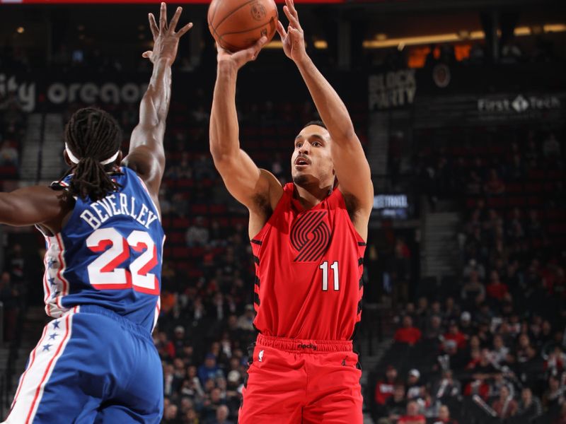 PORTLAND, OR - JANUARY 29: Malcolm Brogdon #11 of the Portland Trail Blazers shoots the ball during the game against the Philadelphia 76ers on January 29, 2024 at the Moda Center Arena in Portland, Oregon. NOTE TO USER: User expressly acknowledges and agrees that, by downloading and or using this photograph, user is consenting to the terms and conditions of the Getty Images License Agreement. Mandatory Copyright Notice: Copyright 2024 NBAE (Photo by Cameron Browne/NBAE via Getty Images)