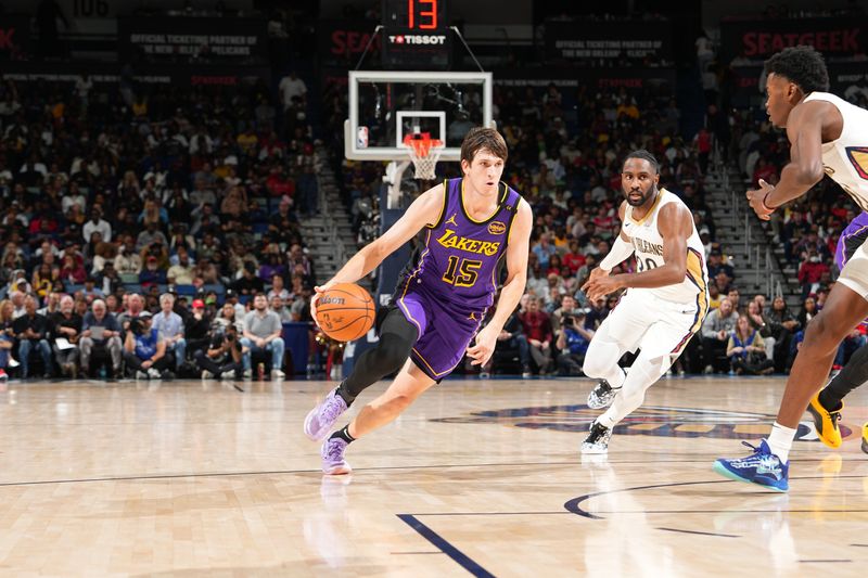 NEW ORLEANS, LA - NOVEMBER 16: Austin Reaves #15 of the Los Angeles Lakers dribbles the ball during the game against the New Orleans Pelicans on November 16, 2024 at the Smoothie King Center in New Orleans, Louisiana. NOTE TO USER: User expressly acknowledges and agrees that, by downloading and or using this Photograph, user is consenting to the terms and conditions of the Getty Images License Agreement. Mandatory Copyright Notice: Copyright 2024 NBAE (Photo by Jesse D. Garrabrant/NBAE via Getty Images)