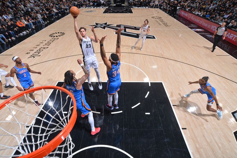 SAN ANTONIO, TX - FEBRUARY 29:  Zach Collins #23 of the San Antonio Spurs shoots the ball during the game against the Oklahoma City Thunder on February 29, 2024 at the Frost Bank Center in San Antonio, Texas. NOTE TO USER: User expressly acknowledges and agrees that, by downloading and or using this photograph, user is consenting to the terms and conditions of the Getty Images License Agreement. Mandatory Copyright Notice: Copyright 2024 NBAE (Photos by Michael Gonzales/NBAE via Getty Images)