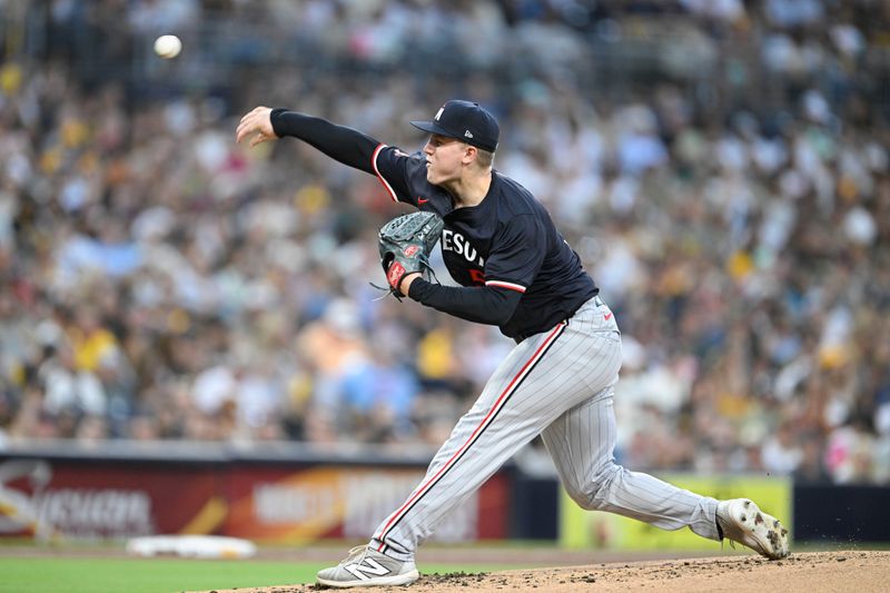 Aug 19, 2024; San Diego, California, USA; Minnesota Twins starting pitcher Zebby Matthews (52) pitches during the first inning against the San Diego Padres at Petco Park. Mandatory Credit: Denis Poroy-USA TODAY Sports