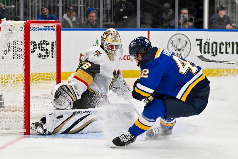 Dec 6, 2023; St. Louis, Missouri, USA;  Vegas Golden Knights goaltender Logan Thompson (36) defends the net against St. Louis Blues right wing Kasperi Kapanen (42) during the second period at Enterprise Center. Mandatory Credit: Jeff Curry-USA TODAY Sports