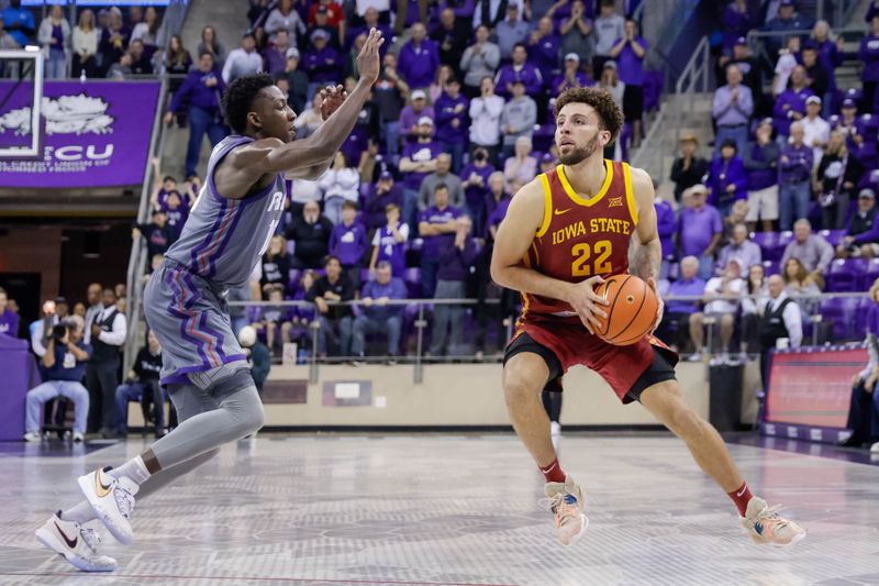 Jan 7, 2023; Fort Worth, Texas, USA; Iowa State Cyclones guard Gabe Kalscheur (22) hits the game winning shot with TCU Horned Frogs guard Micah Peavy (0) defending during the second half at Ed and Rae Schollmaier Arena. Mandatory Credit: Andrew Dieb-USA TODAY Sports