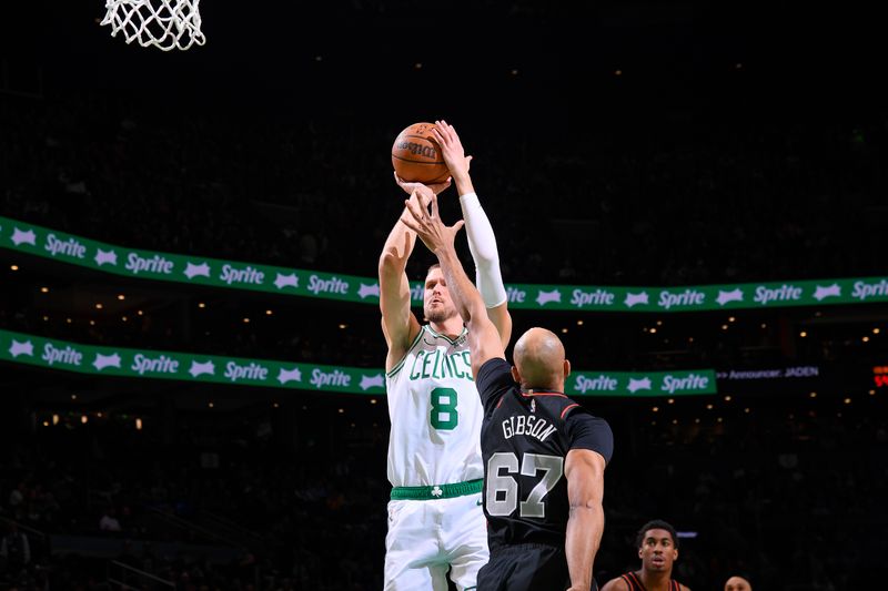 BOSTON, MA - MARCH 18: Kristaps Porzingis #8 of the Boston Celtics shoots the ball during the game against the Detroit Pistons on March 18, 2024 at the TD Garden in Boston, Massachusetts. NOTE TO USER: User expressly acknowledges and agrees that, by downloading and or using this photograph, User is consenting to the terms and conditions of the Getty Images License Agreement. Mandatory Copyright Notice: Copyright 2024 NBAE  (Photo by Brian Babineau/NBAE via Getty Images)