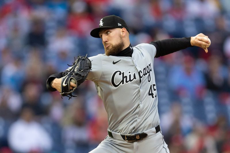 Apr 19, 2024; Philadelphia, Pennsylvania, USA; Chicago White Sox pitcher Garrett Crochet (45) throws a pitch during the first inning against the Philadelphia Phillies at Citizens Bank Park. Mandatory Credit: Bill Streicher-USA TODAY Sports