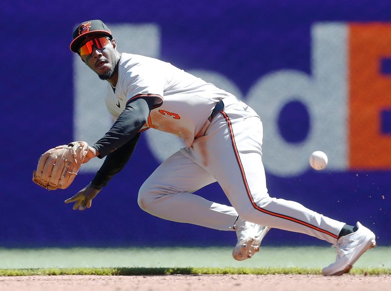 Apr 7, 2024; Pittsburgh, Pennsylvania, USA; Baltimore Orioles second baseman Jorge Mateo (3) makes a play on a ball hit by Pittsburgh Pirates third base Ke'Bryan Hayes (not pictured) for an out during the sixth inning at PNC Park. Mandatory Credit: Charles LeClaire-USA TODAY Sports