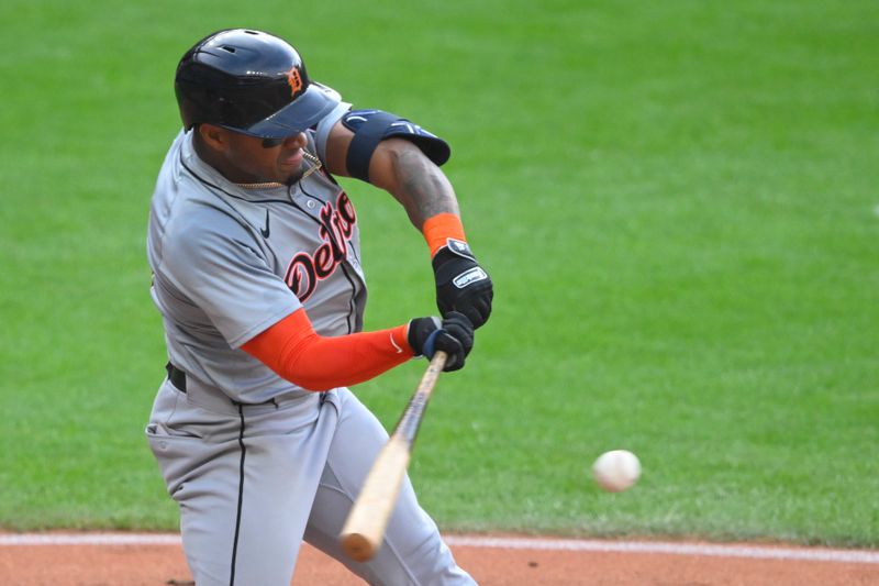 May 7, 2024; Cleveland, Ohio, USA; Detroit Tigers second baseman Andy Ibanez (77) hits a three-run home run in the second inning against the Cleveland Guardians at Progressive Field. Mandatory Credit: David Richard-USA TODAY Sports