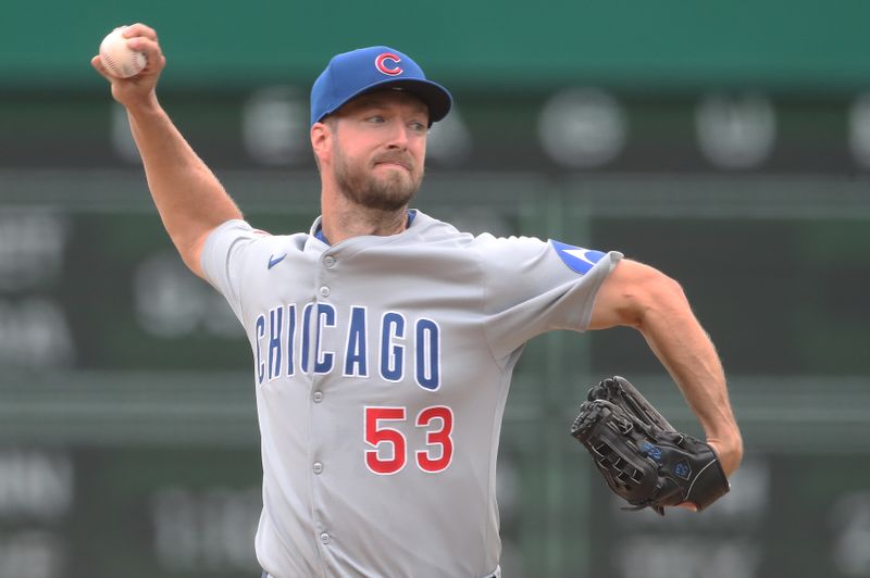 May 1, 2025; Pittsburgh, Pennsylvania, USA;  Chicago Cubs starting pitcher Colin Rea (53) delivers a pitch against the Pittsburgh Pirates during the first inning at PNC Park. Mandatory Credit: Charles LeClaire-Imagn Images
