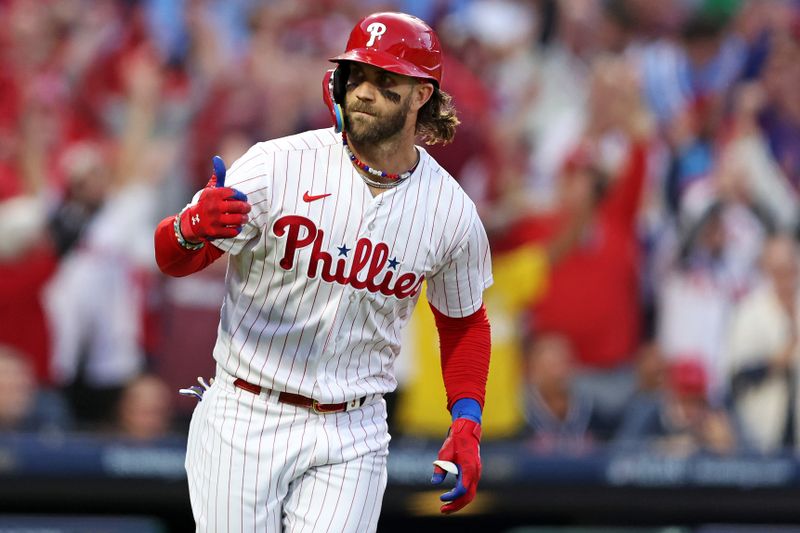 Oct 11, 2023; Philadelphia, Pennsylvania, USA; Philadelphia Phillies first baseman Bryce Harper (3) celebrates after hitting a three run home run during the third inning against the Atlanta Braves in game three of the NLDS for the 2023 MLB playoffs at Citizens Bank Park. Mandatory Credit: Bill Streicher-USA TODAY Sports