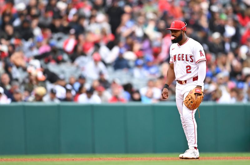 May 4, 2025; Anaheim, California, USA; Los Angeles Angels third baseman Luis Rengifo (2) on the field against the Detroit Tigers during the fourth inning at Angel Stadium. Mandatory Credit: Jonathan Hui-Imagn Images