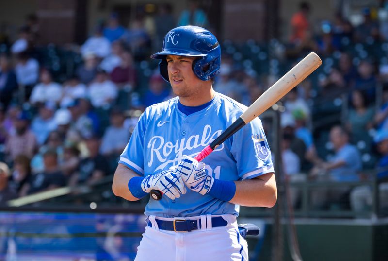 Mar 21, 2024; Surprise, Arizona, USA; Kansas City Royals designated hitter Gavin Cross against the Chicago White Sox during a spring training baseball game at Surprise Stadium. Mandatory Credit: Mark J. Rebilas-USA TODAY Sports