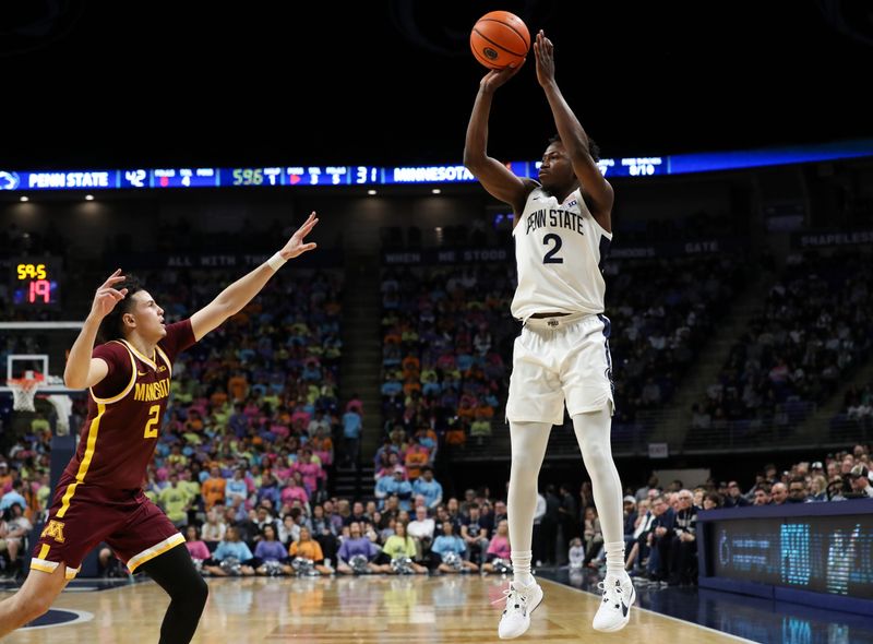 Jan 27, 2024; University Park, Pennsylvania, USA; Penn State Nittany Lions guard D'Marco Dunn (2) shoots the ball as Minnesota Golden Gophers guard Mike Mitchell Jr (2) defends during the first half at Bryce Jordan Center. Minnesota defeated Penn State 83-74. Mandatory Credit: Matthew O'Haren-USA TODAY Sports