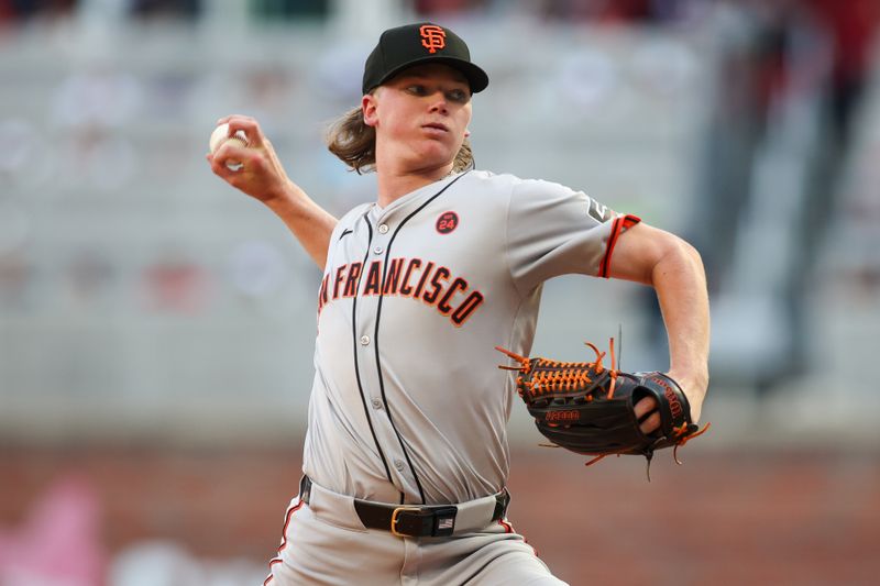 Jul 2, 2024; Atlanta, Georgia, USA; San Francisco Giants starting pitcher Hayden Birdsong (60) throws against the Atlanta Braves in the first inning at Truist Park. Mandatory Credit: Brett Davis-USA TODAY Sports