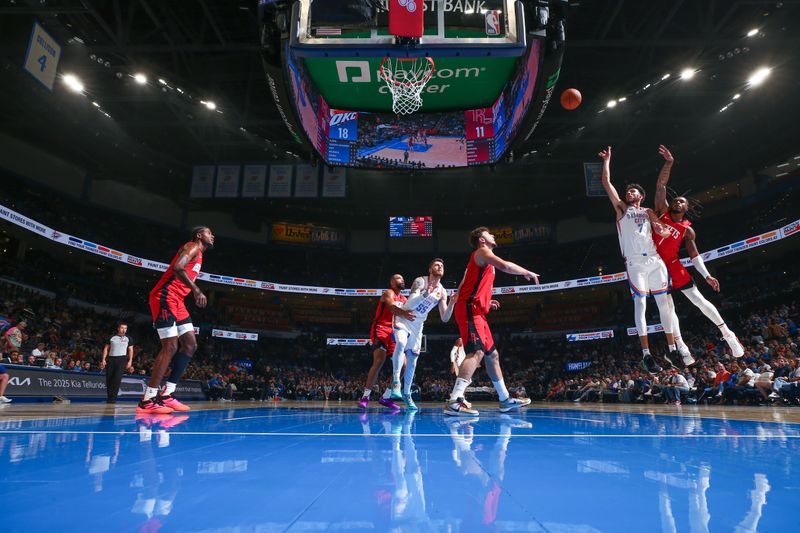 OKLAHOMA CITY, OK - OCTOBER 9: Chet Holmgren #7 of the Oklahoma City Thunder shoots the ball during the game against the Houston Rockets during a NBA pre season game on October 9, 2024 at Paycom Center in Oklahoma City, Oklahoma. NOTE TO USER: User expressly acknowledges and agrees that, by downloading and or using this photograph, User is consenting to the terms and conditions of the Getty Images License Agreement. Mandatory Copyright Notice: Copyright 2024 NBAE (Photo by Zach Beeker/NBAE via Getty Images)